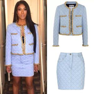 Moschino Italian Couture 2 Piece Denim Quilt Gold Chain Skirt Suit IT44 USA 10